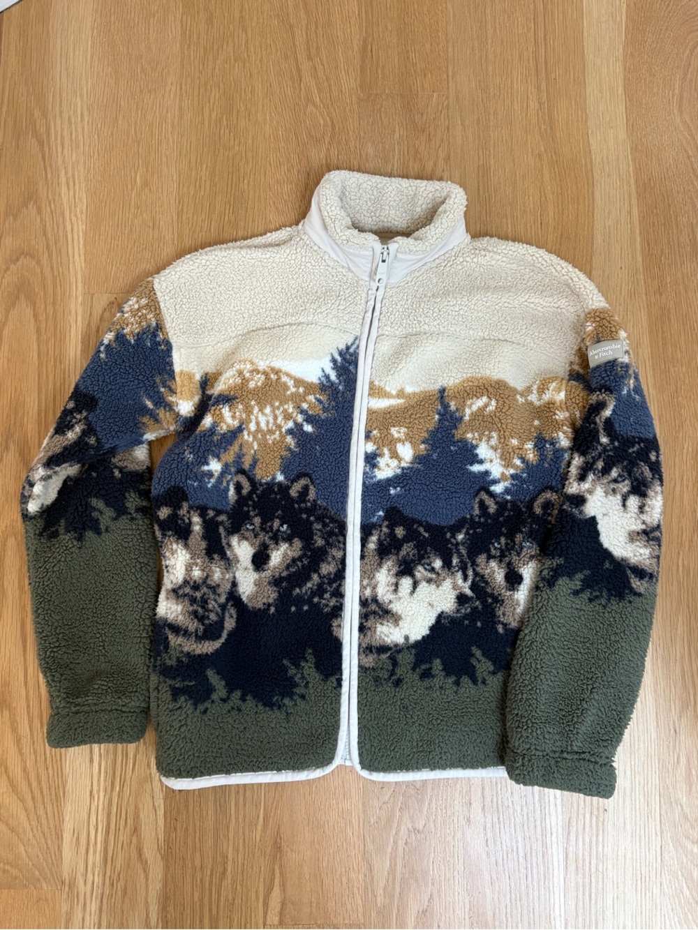 Kids Abercrombie Sherpa Full-Zip Jacket - Forest Green, Cream, Navy